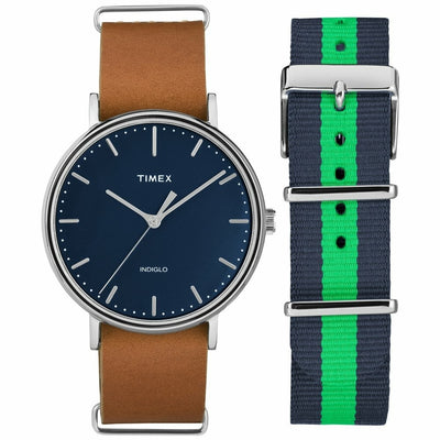 Timex Fairfield Brown Leather Band + Blue/Green Slip-Thru Strap Mens Watch - Twg016300