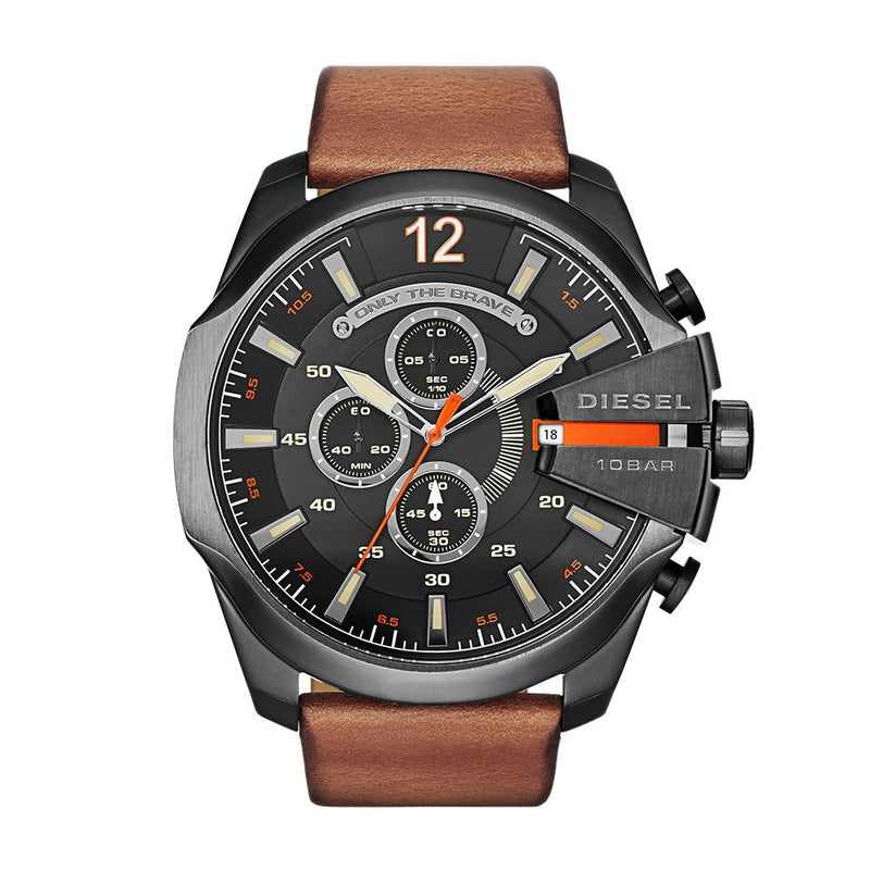 Diesel men’s wristwatch with a black dial, brown leather strap, and chronograph subdials.