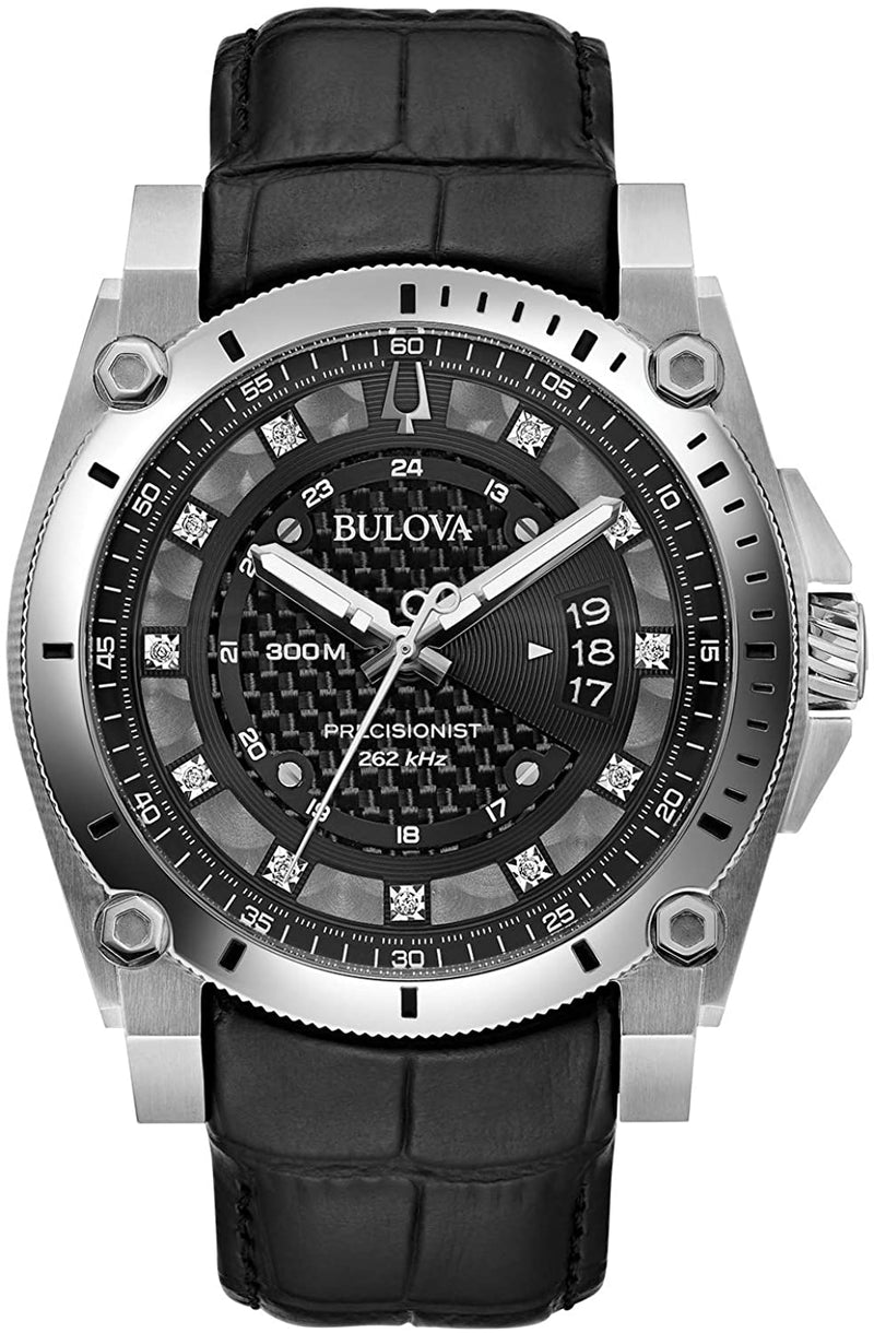 Bulova Precisionist 钻石黑色皮革表带男式手表 96D147 