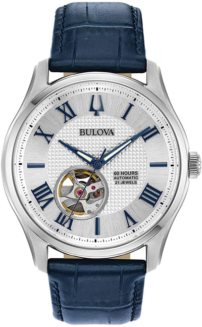 Bulova Wilton 自动蓝色皮革表带男式手表 96A206