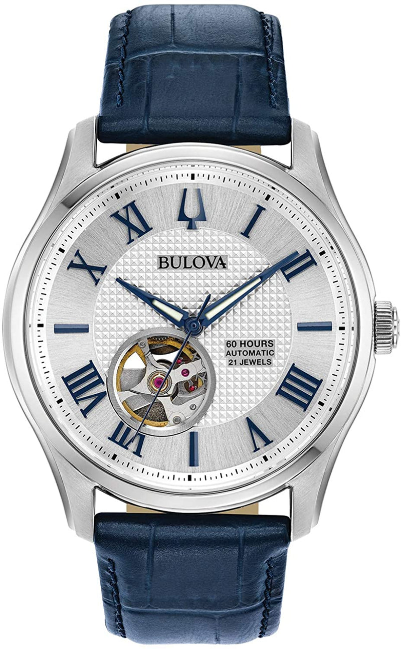 Bulova Wilton 自动蓝色皮革表带男式手表 96A206