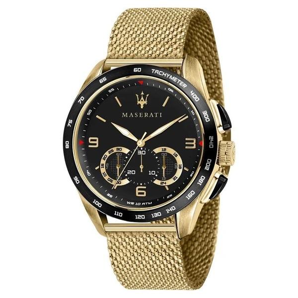 Gold-toned Maserati wristwatch with a black dial and mesh band.