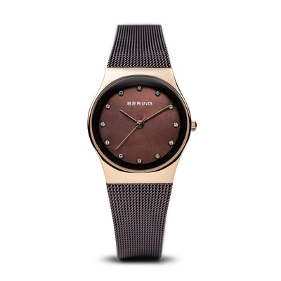 Bering Classic Polished Rose Gold Brown Milanese Mesh Watch