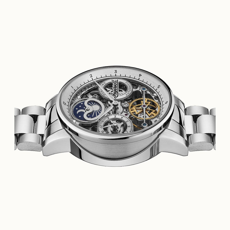 Luxury mechanical wristwatch with a skeleton dial showing intricate gears and mechanisms.