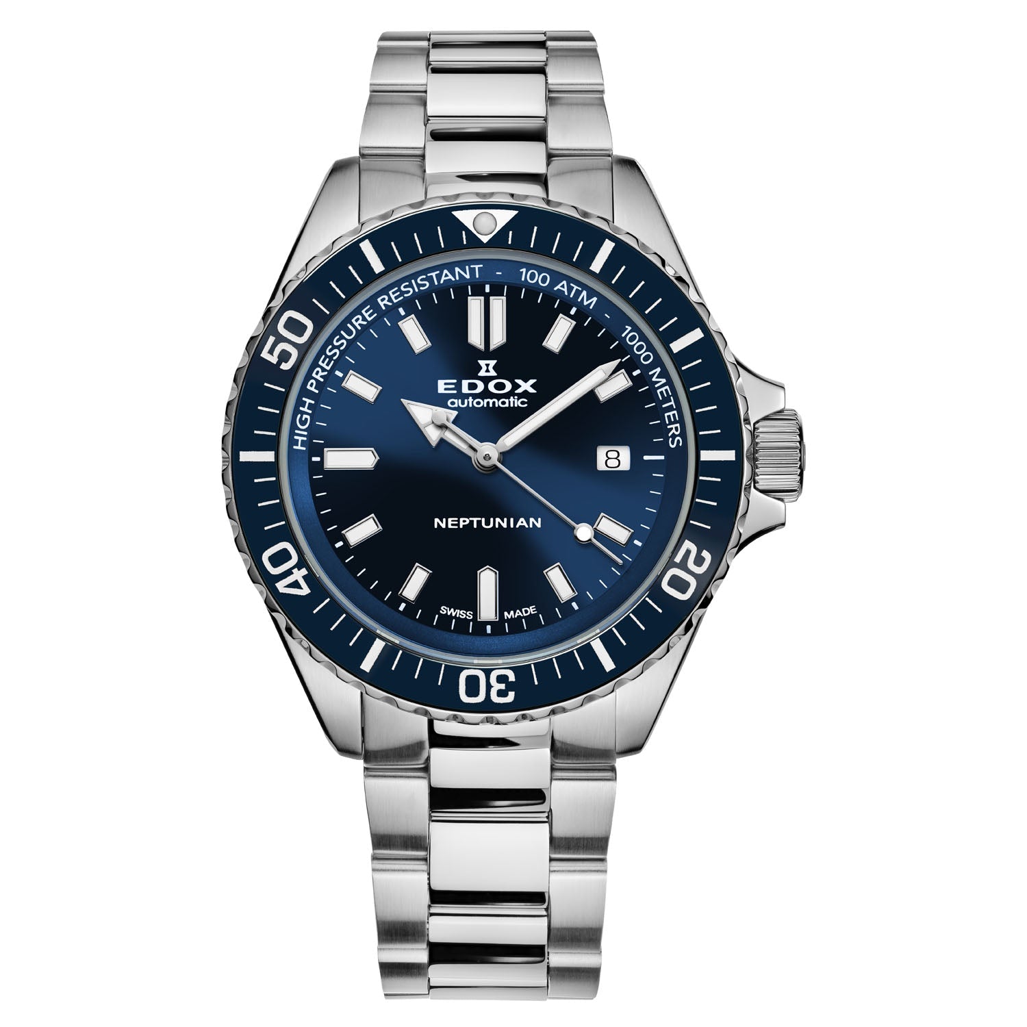 Stainless steel diver’s watch with a blue dial and rotating bezel.