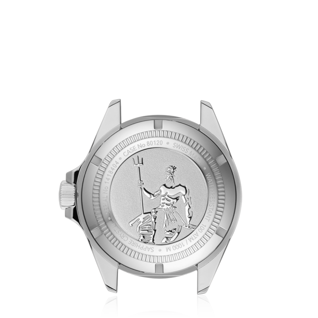 Watch case with an engraved figure of Neptune on the back.