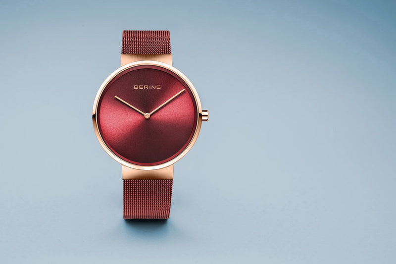 Bering Classic Brushed Rose Gold Red Mesh Watch