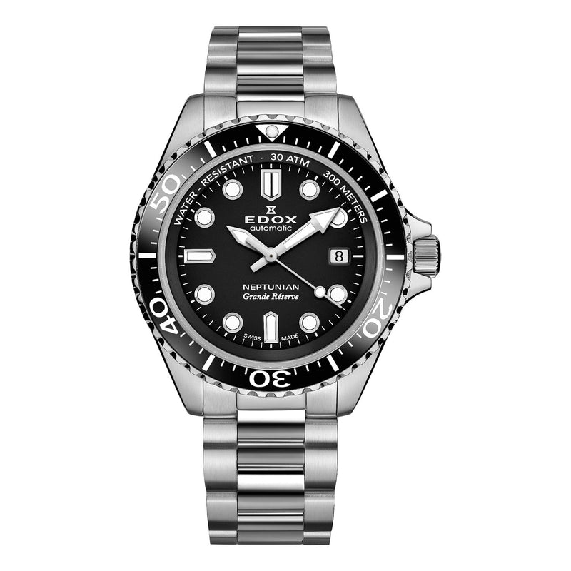 Stainless steel dive watch with a black dial and rotating bezel.