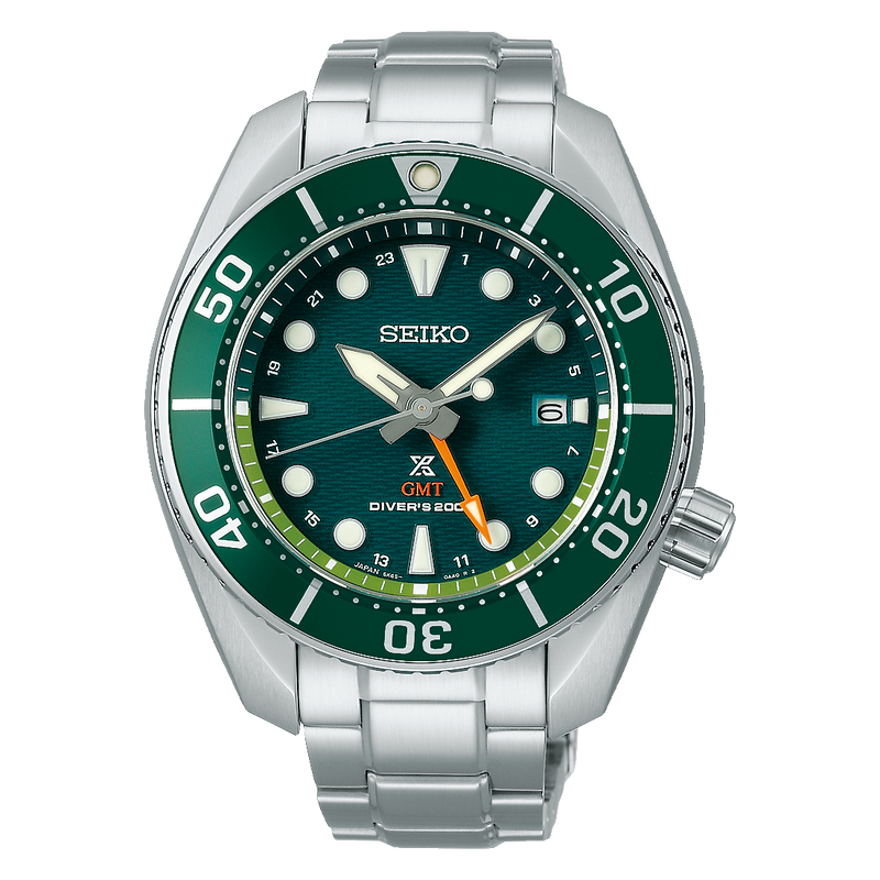 Seiko diver’s watch with a green dial and silver metal bracelet.