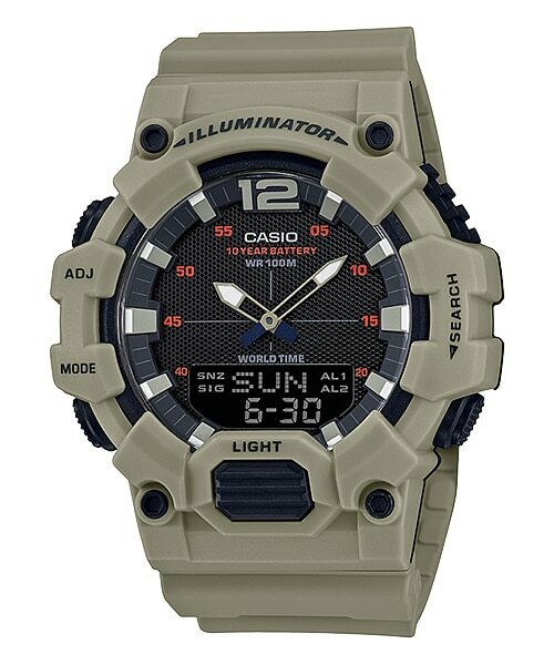 Rugged Casio digital-analog wristwatch with a khaki-colored casing and black face.