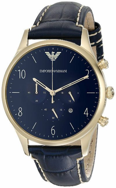 Emporio Armani Chronograph Blue Dial Blue Leather Mens Watch