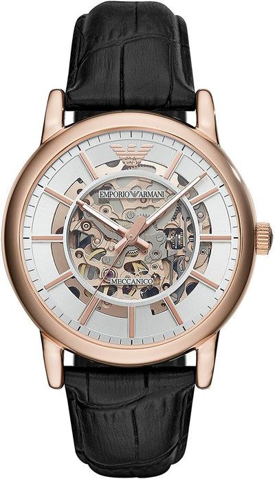 Luxury wristwatch with a skeleton dial and rose gold case on a black leather strap.