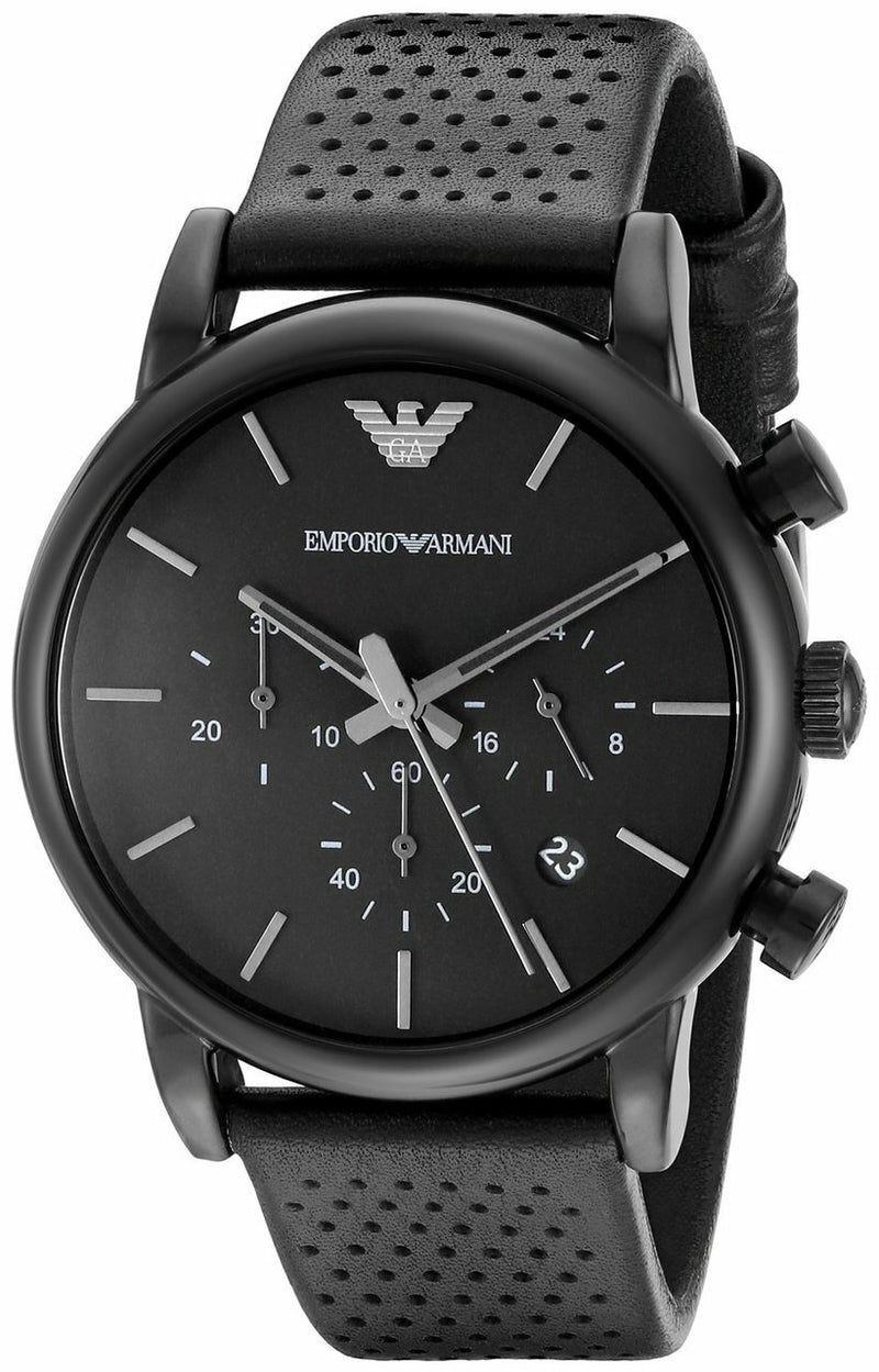 EMPORIO ARMANI CLASSIC CHRONOGRAPH BLACK DIAL BLACK LEATHER MEN'S WATCH