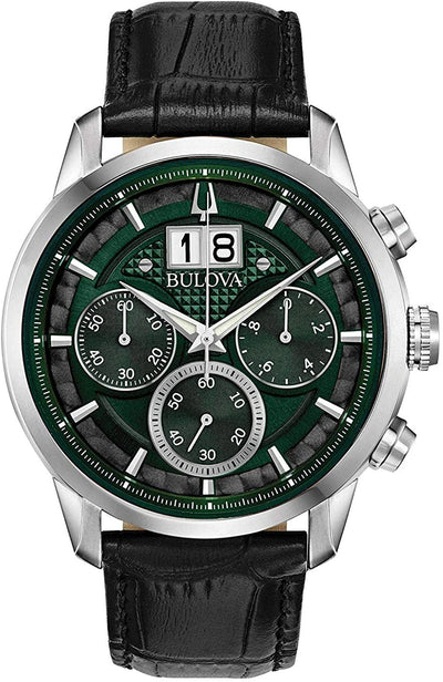 Bulova wristwatch with a green dial and black leather strap.