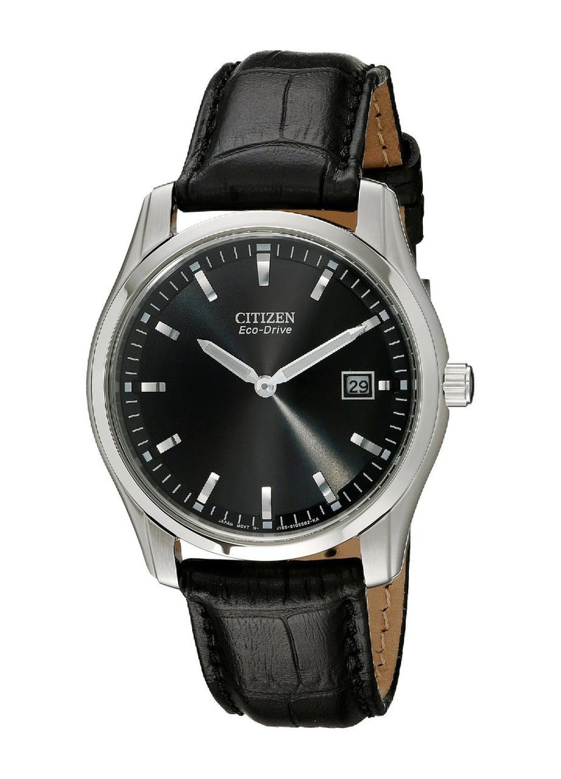 Citizen Eco Drive Black Dial Black Leather Mens Watch