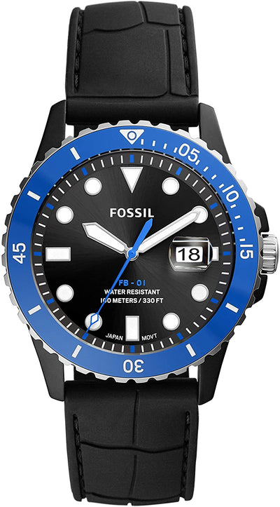 Diver-style wristwatch with a black dial, blue bezel, and black leather strap.