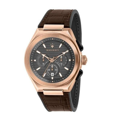 Luxury wristwatch with a rose gold case, dark gray dial, and brown leather strap.