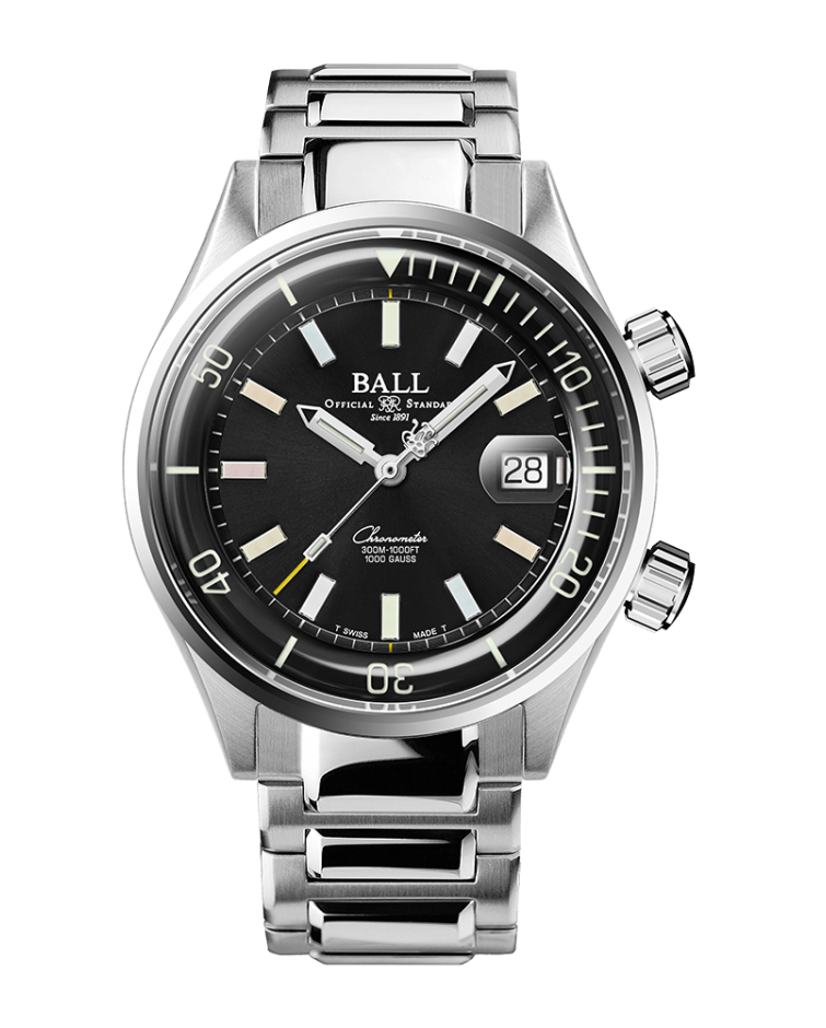 Stainless steel wristwatch with a black dial and date display.