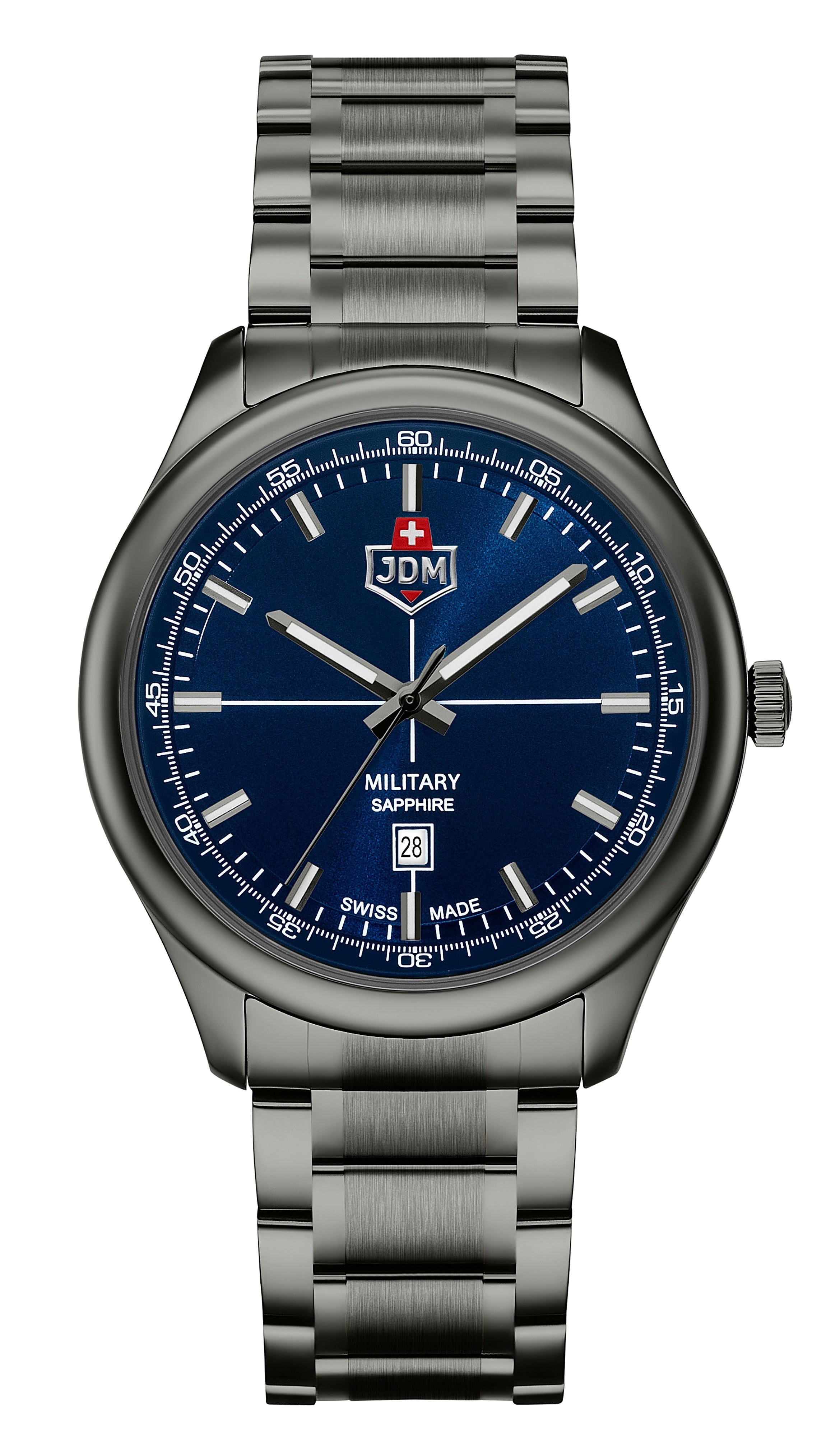 Wristwatch with a blue dial face and gunmetal gray metal band.