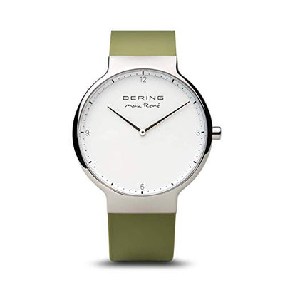 Minimalist wristwatch with a white face and olive green band.