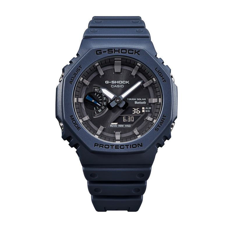 Navy blue G-Shock wristwatch with a digital-analog display and rugged design.