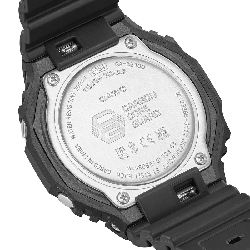 Back of a Casio G-Shock digital watch, showing its metal case back with engraved product information.