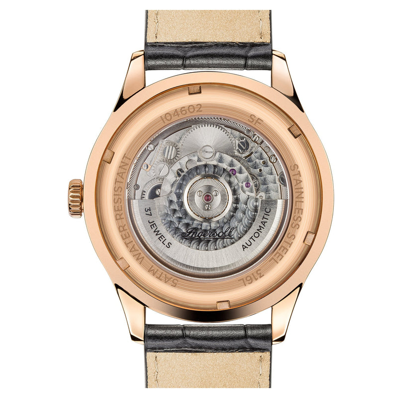 Luxury wristwatch with a visible mechanical movement through the transparent case back.