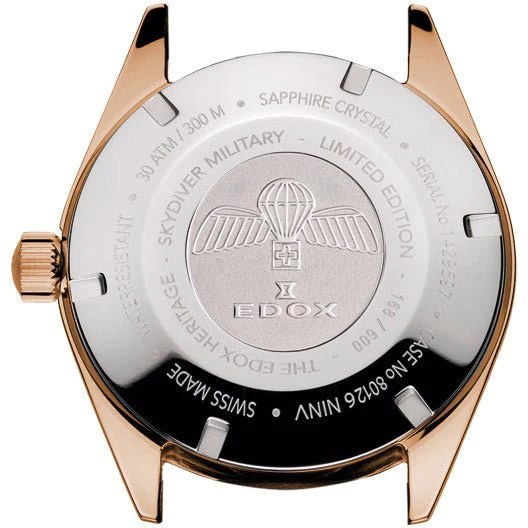 Back of a luxury wristwatch case featuring an engraved parachute emblem and brand details.
