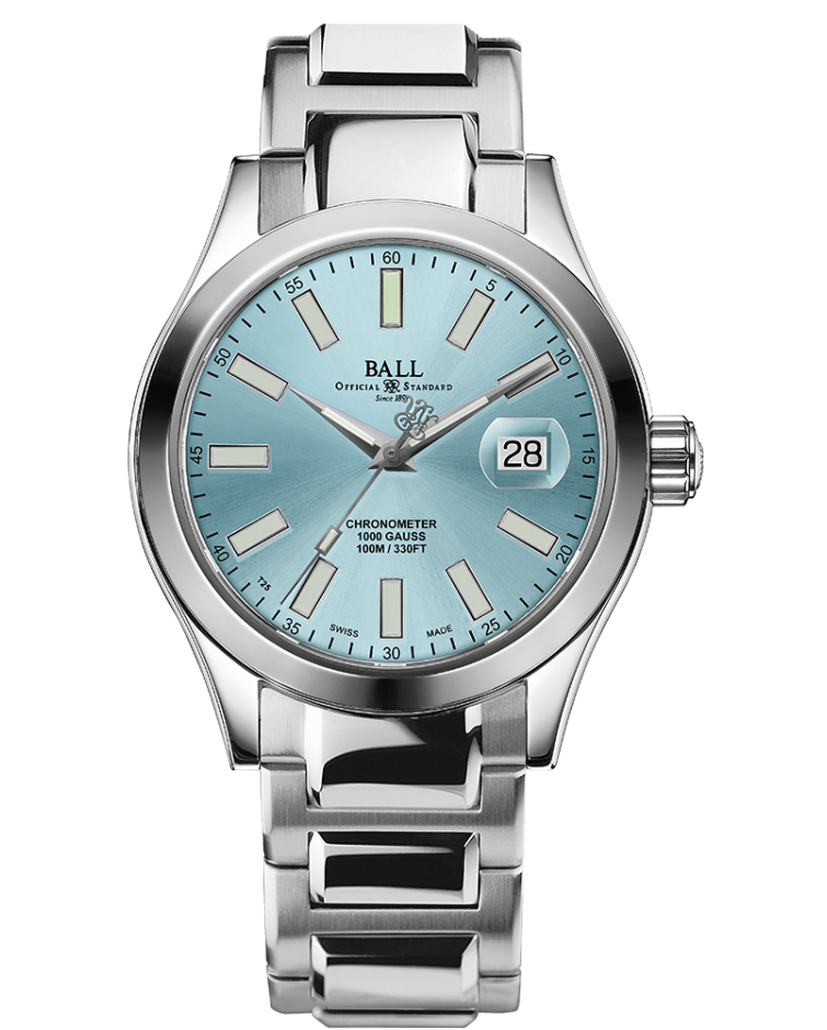 Stainless steel wristwatch with a light blue dial and date display.