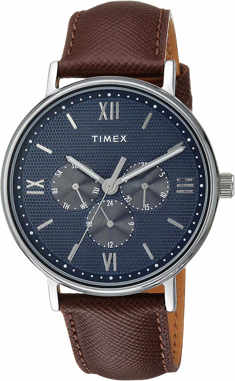 Timex Mens Tw2T35100 Southview 41 Multifunction Brown/Silver/Blue Leather Strap Watch