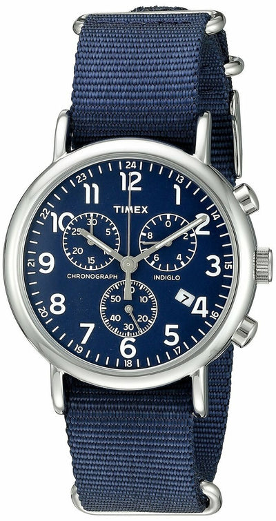 Timex Mens Weekender Blue Chronograph Slip-Thru Strap Watch