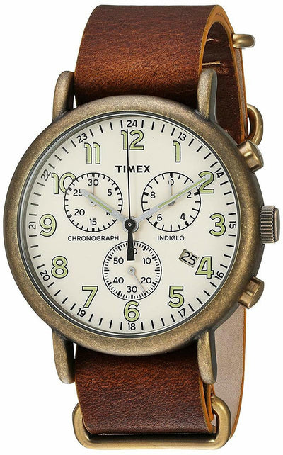 Timex Mens Tw2P85300 Weekender Chrono Antiqued Brass/Brown Leather Slip-Thru Strap Watch