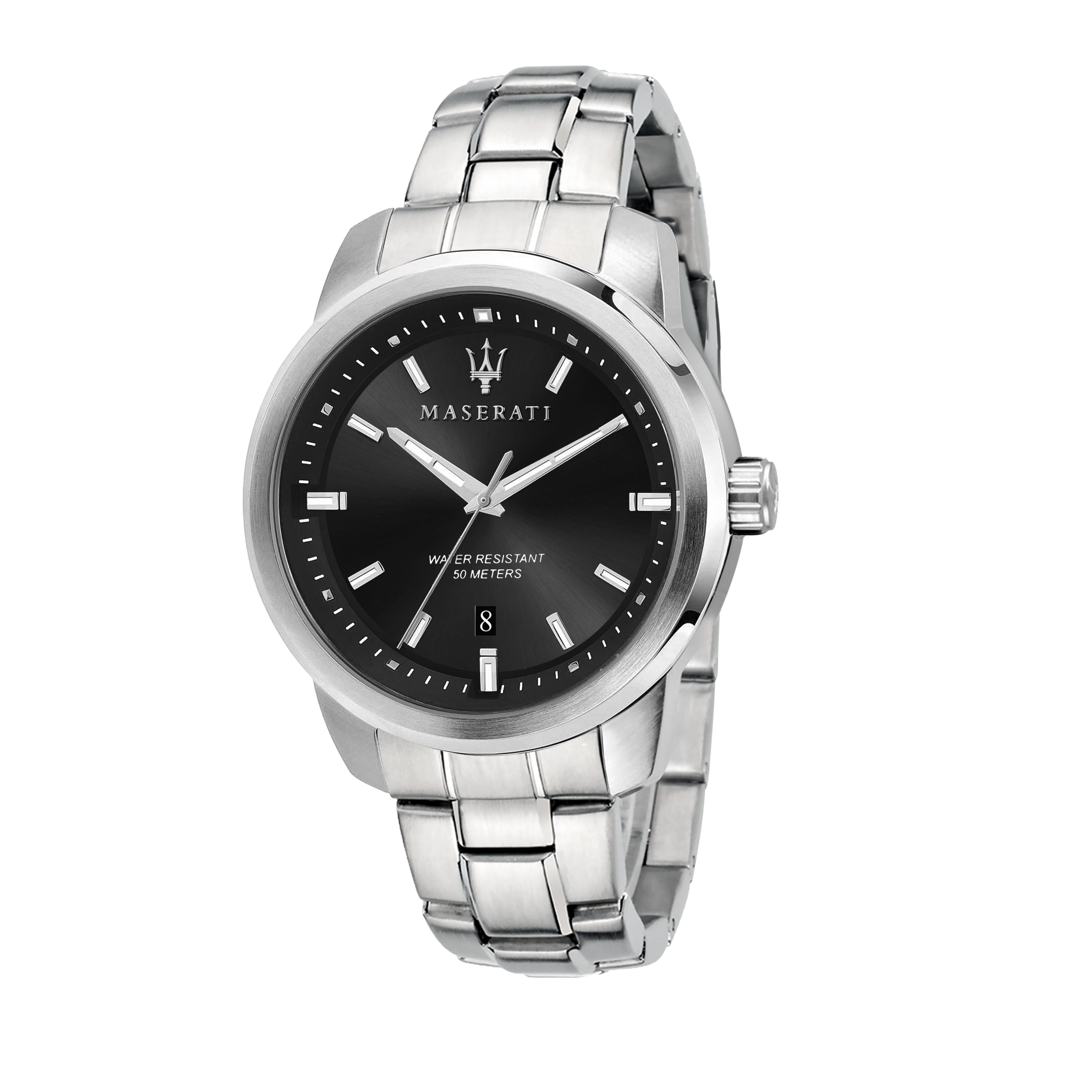 Stainless steel wristwatch with a black dial and Maserati branding.