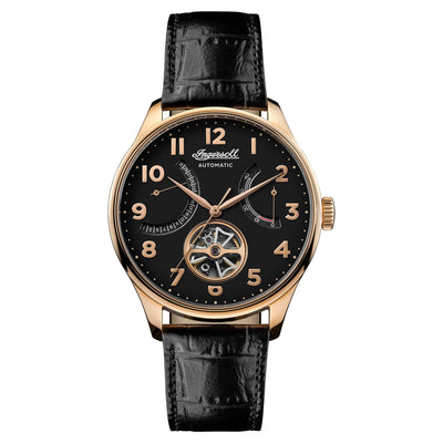 Elegant gold-toned wristwatch with a black face and leather strap.