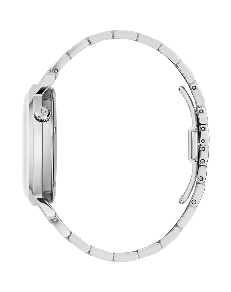 Sleek silver wristwatch with a rectangular face and metal link band.