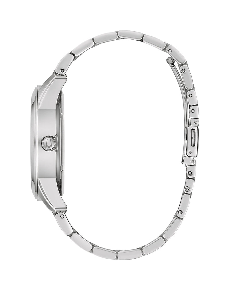 Silver wristwatch with a metal link bracelet band.