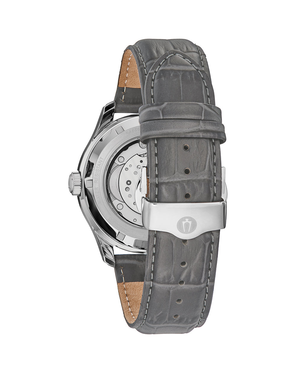 Wristwatch with a gray leather strap and visible mechanical movement through the transparent case back.