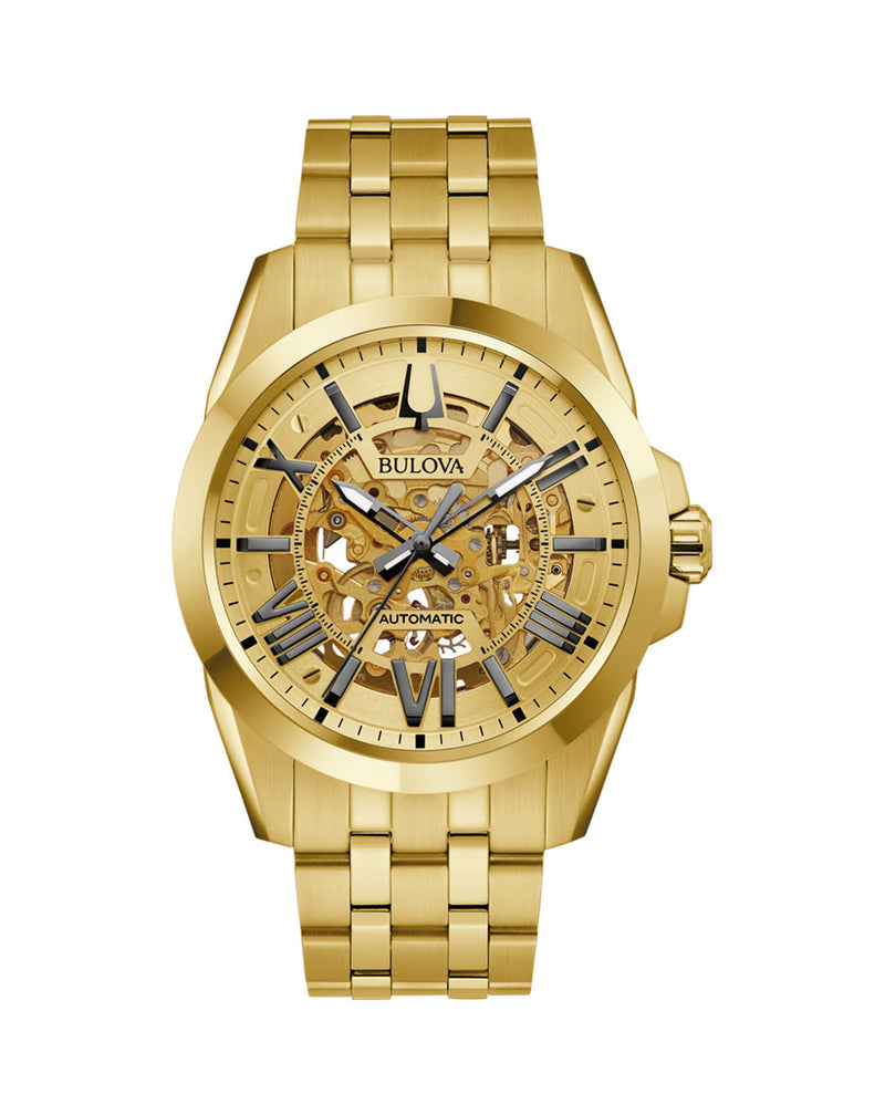 Bulova Classic Gold Skeleton Automatic Mens Watch 97A162