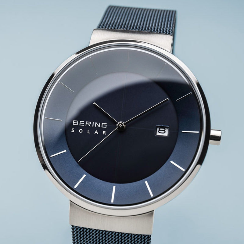 Bering Slim Solar 抛光银蓝色网状手表