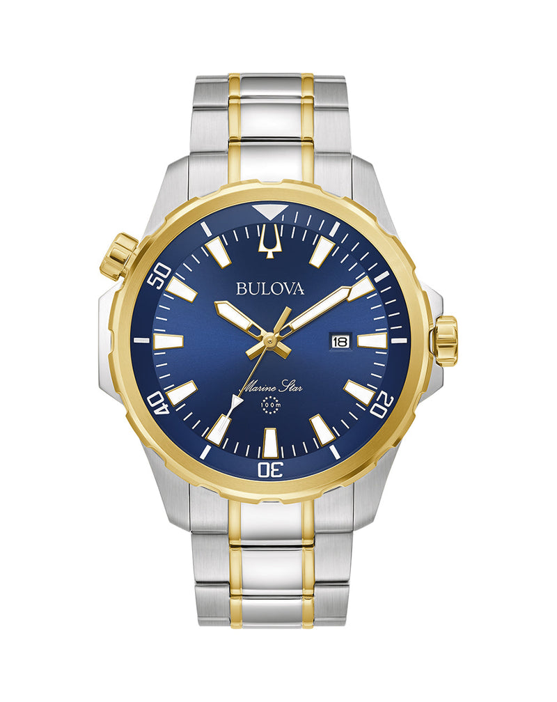 Bulova wristwatch with a blue dial and two-tone silver and gold metal band.