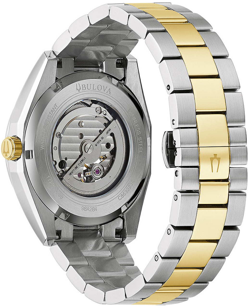 Luxury wristwatch with a visible mechanical movement through the transparent case back.