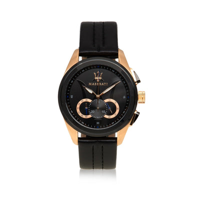 Luxury wristwatch with a black face, gold accents, and a black leather strap.