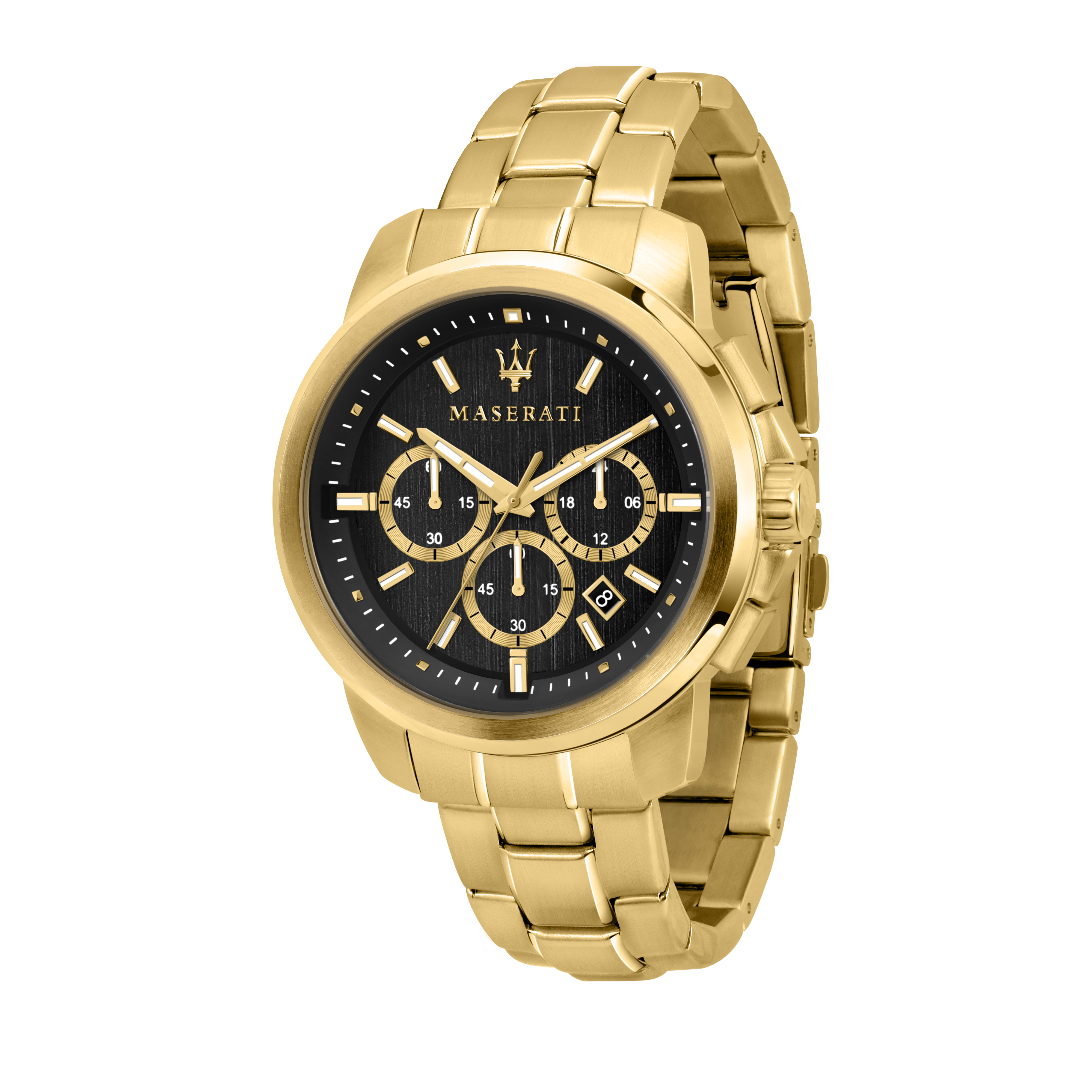Gold-toned Maserati wristwatch with a black dial and multiple subdials.