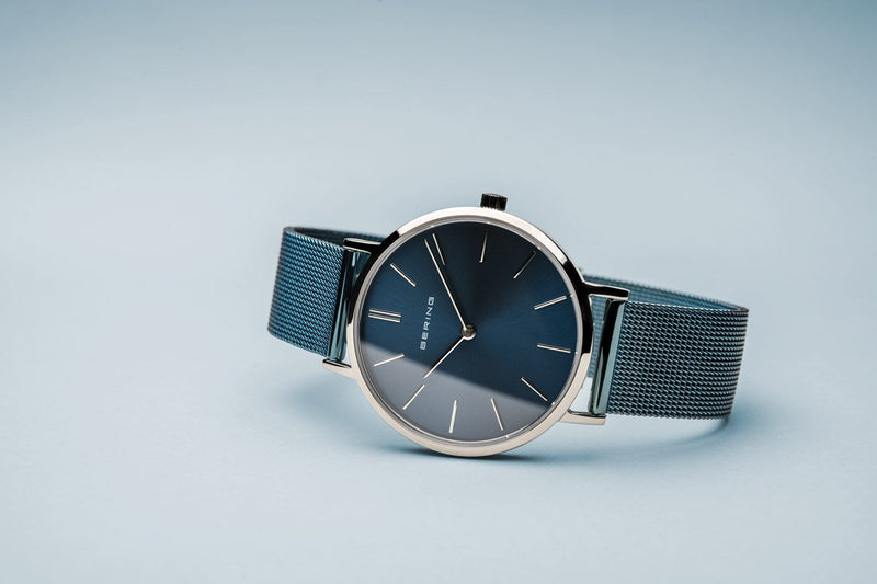 Bering Classic Polished Silver Blue Mesh Watch