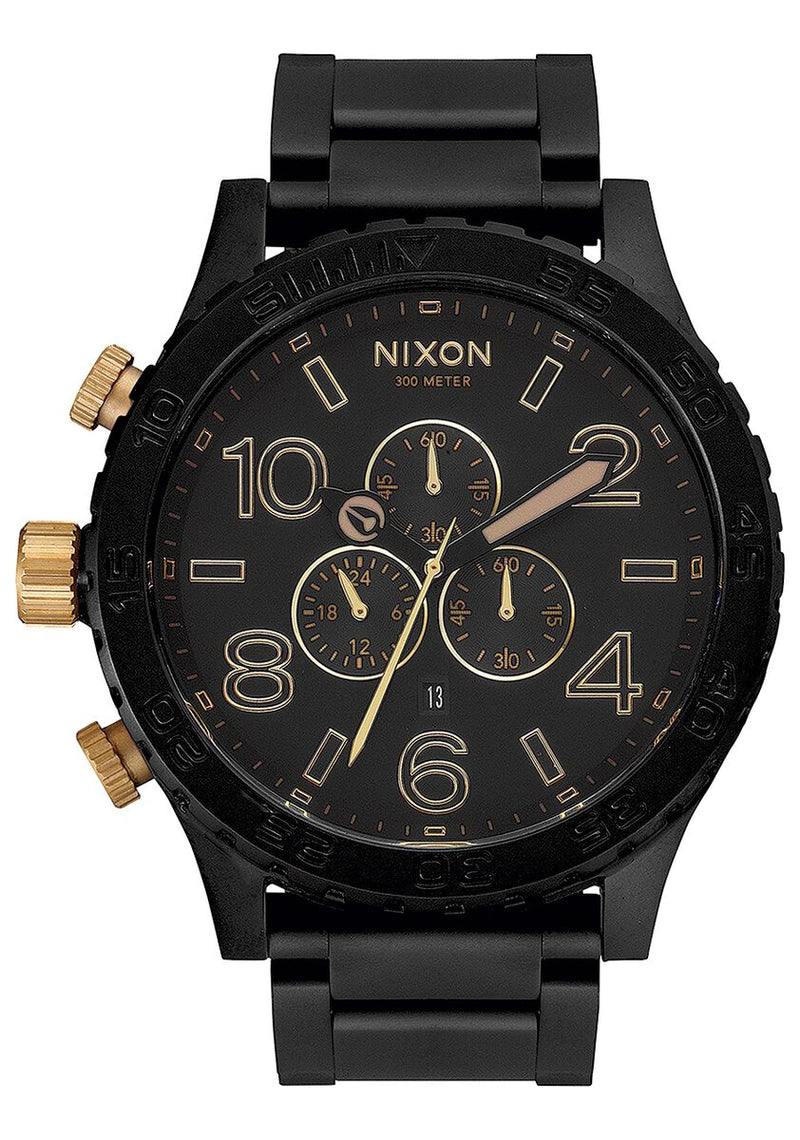 Black wristwatch with gold accents and multiple subdials on its face.