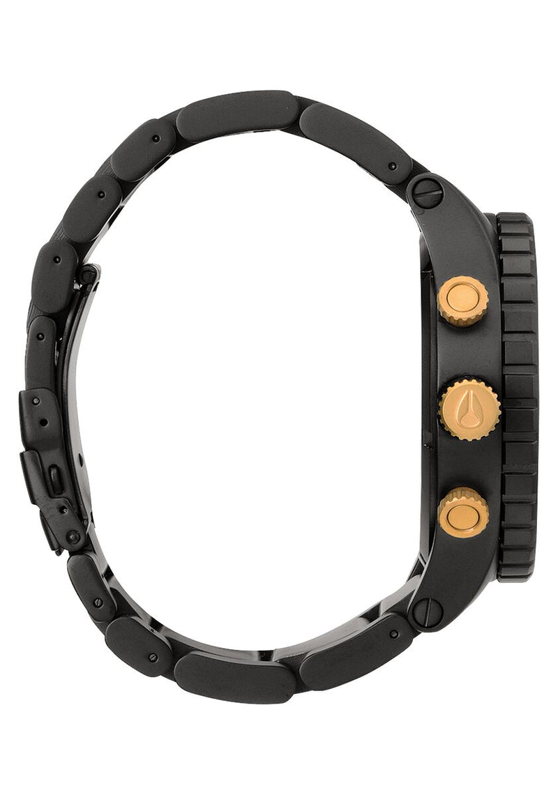 Black wristwatch with gold-colored buttons on the side.