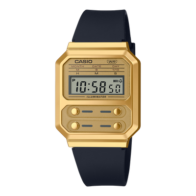 Gold-colored digital Casio watch with a black strap and retro-style square face.