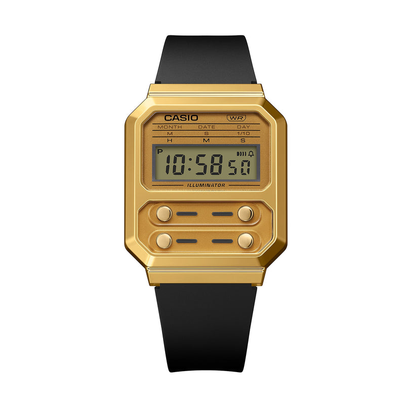 Gold-toned digital Casio wristwatch with a black strap.