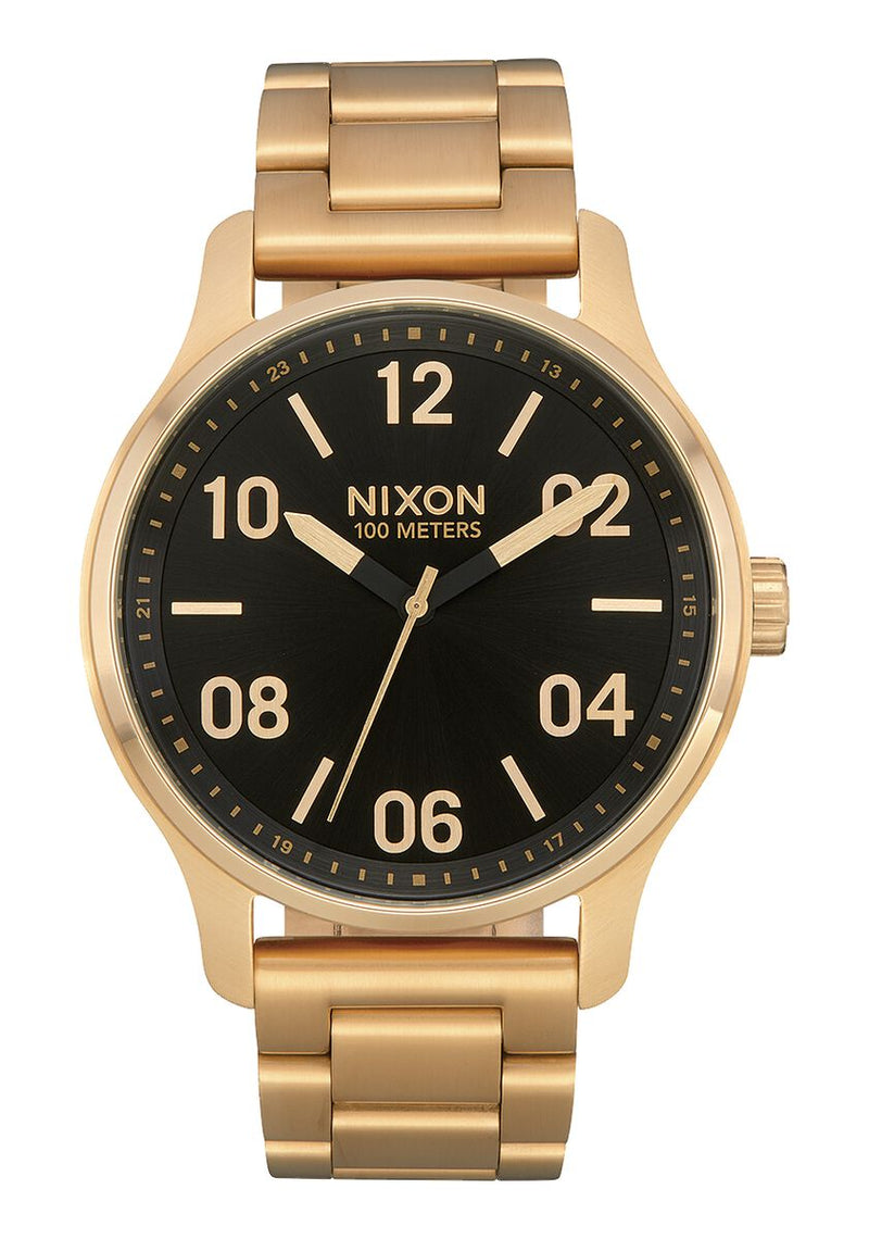 Gold-toned wristwatch with a black dial and Arabic numeral hour markers.