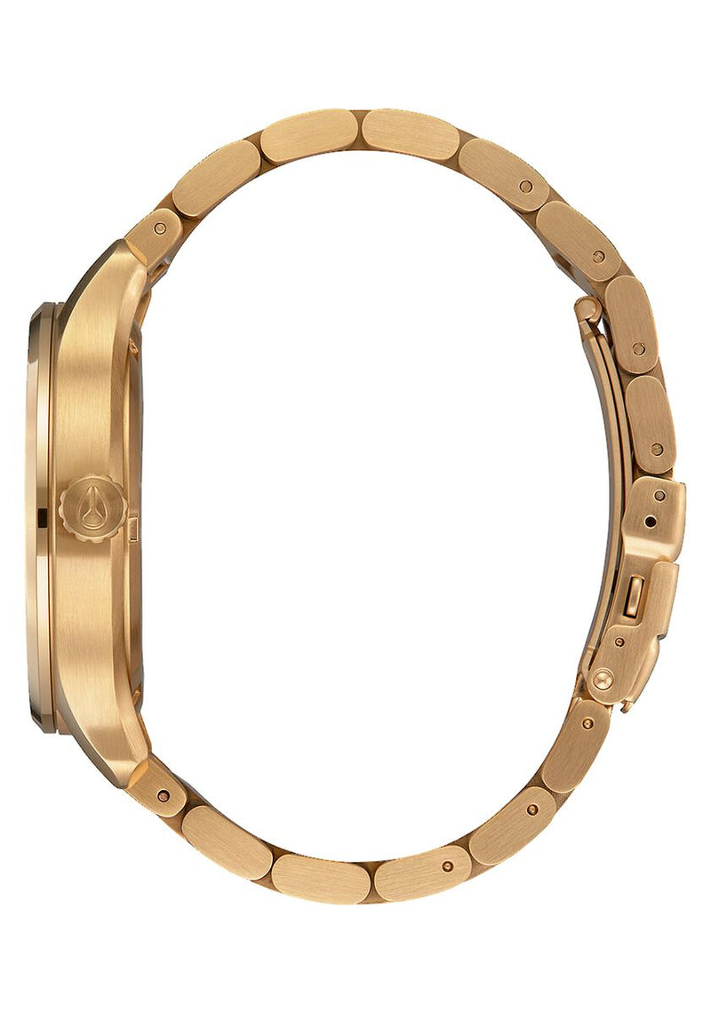 Gold-toned wristwatch with a metal link band.